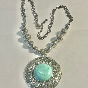 Elegant Silver Tone Necklace with Turquoise Centerpiece 18” Length